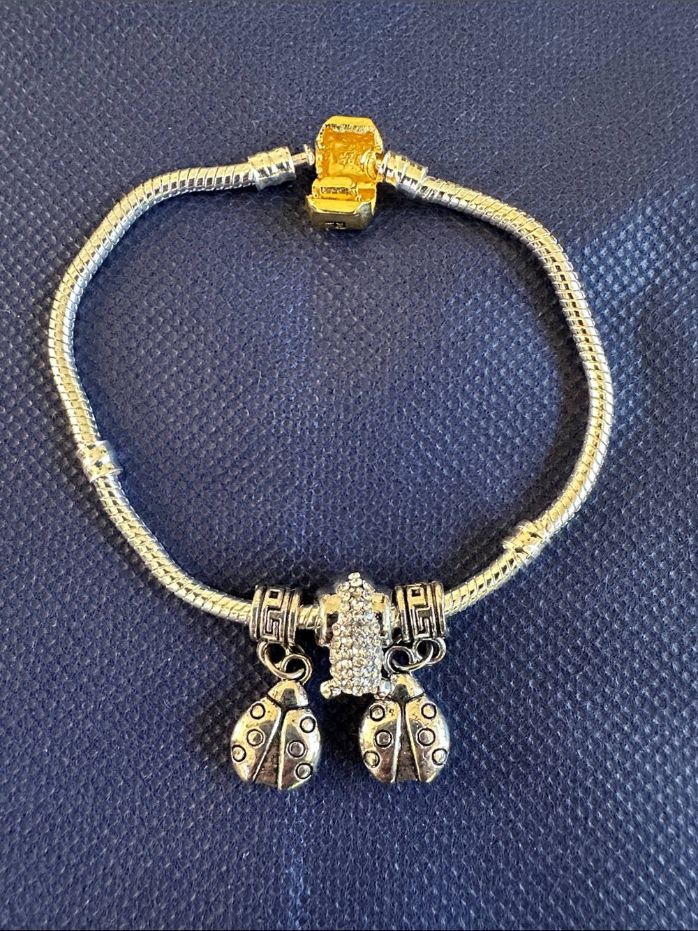 Silver Toned Charm Bracelet with Ladybugs and Crystal Accent Snail